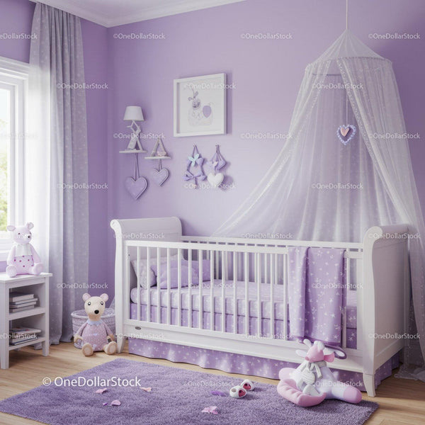 Pastel Purple Baby Nursery with Canopy and Plush Toys