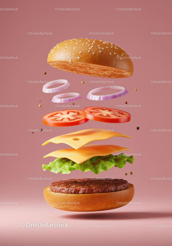 Deconstructed cheeseburger ingredients floating on pink background