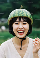 Cheerful young woman wearing watermelon helmet outdoors