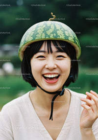 Cheerful young woman wearing watermelon helmet outdoors