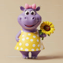 Cheerful Hippo Holding Sunflower in Yellow Dress for Kids and Advertising