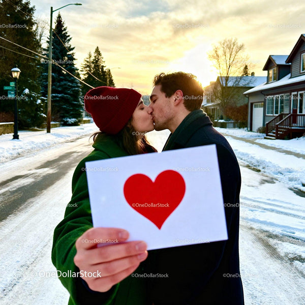 Couple sharing a kiss with heart card on snowy street