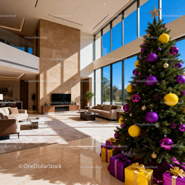Spacious Modern Living Room with Festive Christmas Tree