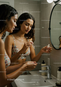Women Applying Skincare Serum in Modern Bathroom