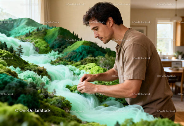 Man Crafting Detailed Miniature Landscape at Home