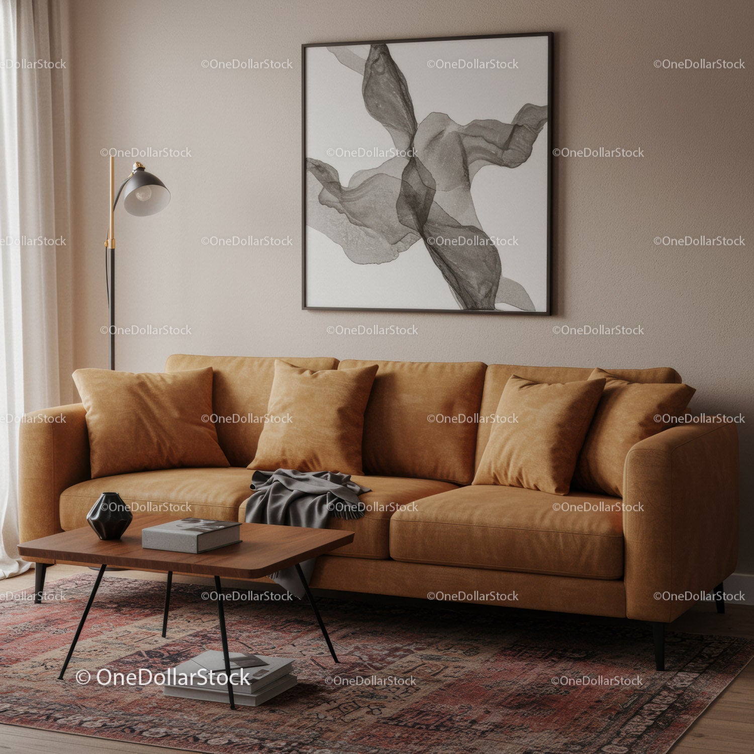 Elegancki salon z beżową sofą i nowoczesną grafiką ścienną