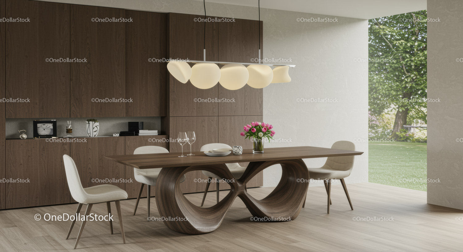 Modern Dining Room with Wooden Table and White Chairs Scene