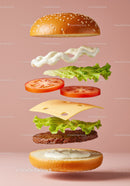 Deconstructed cheeseburger with fresh ingredients floating