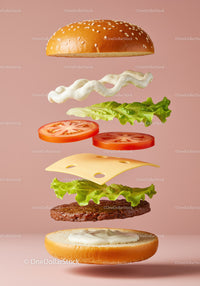 Deconstructed cheeseburger with fresh ingredients floating
