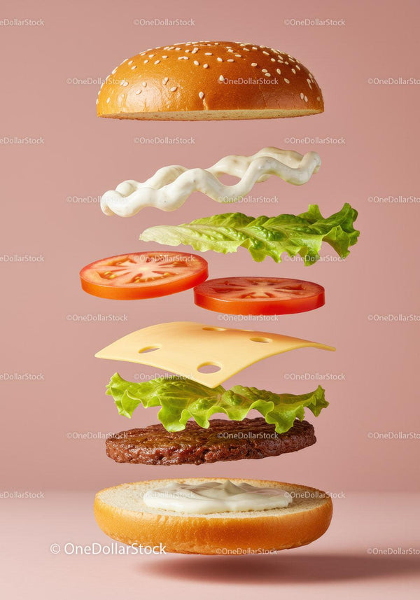 Deconstructed cheeseburger with fresh ingredients floating