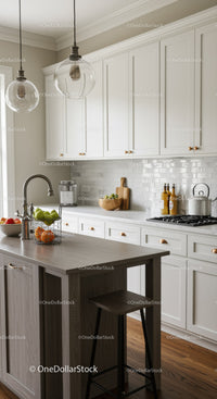 Bright Modern Kitchen with White Cabinets and Wooden Countertop
