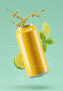 Yellow Soda Can Splashes with Lime and Basil