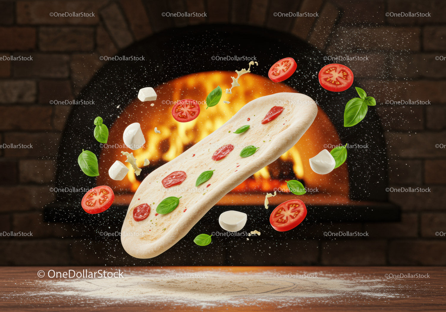 Fresh pizza dough with toppings flying near wood oven