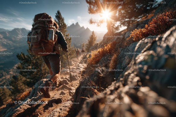 Mountain Hiker Trekking on Rocky Trail During Sunset