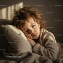 Tired child resting head on cozy pillow indoors