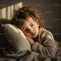 Tired child resting head on cozy pillow indoors