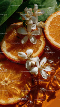 Fresh Orange Slices and White Flowers with Ice Cubes in Bright Natural Light