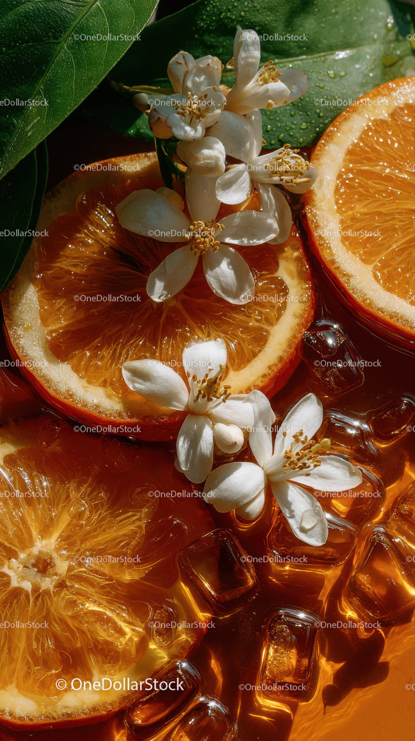Fresh Orange Slices and White Flowers with Ice Cubes in Bright Natural Light