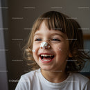 Laughing child with whipped cream on face indoors
