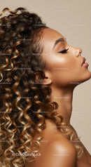 Profile of woman with glossy curly hair and flawless skin