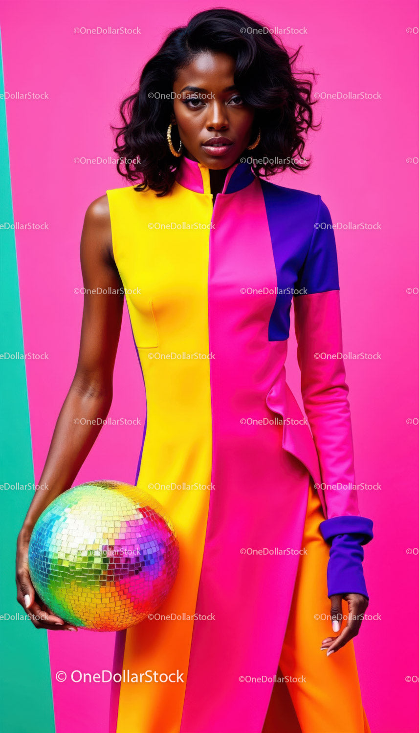 Colorful Fashion Model with Afro Hair Holding Disco Ball