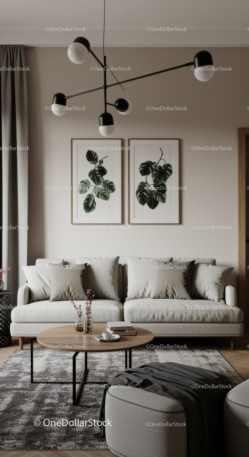 Modern Living Room with Monstera Wall Art and Stylish Ceiling Light
