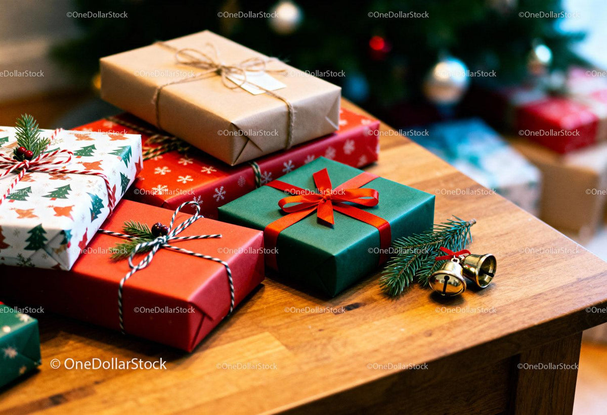 Christmas gifts wrapped in festive paper on wooden table