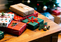 Christmas gifts wrapped in festive paper on wooden table