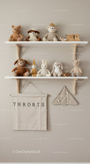 Cute Plush Toy Collection on White Wall Shelves in a Kid's Room