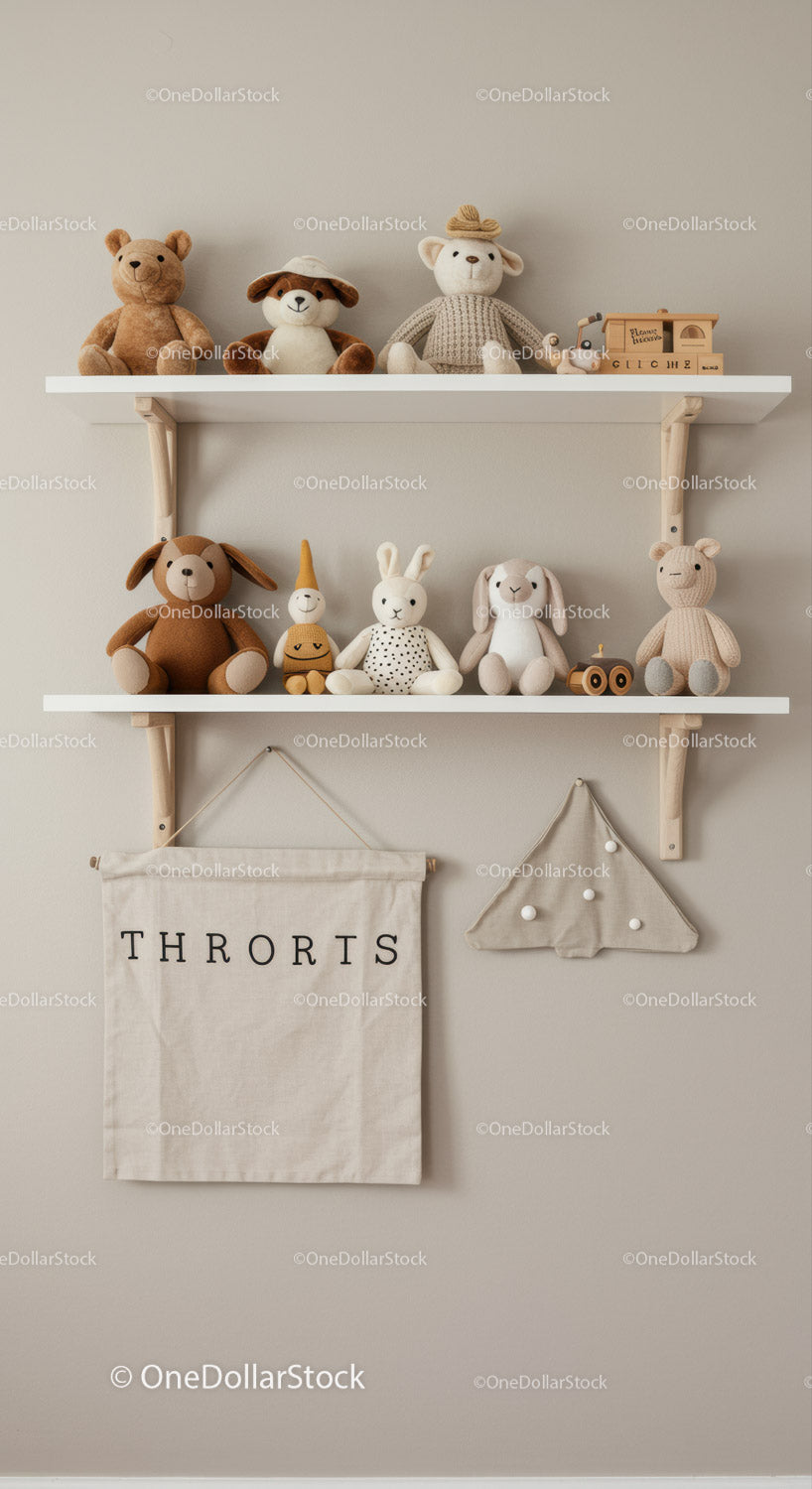 Cute Plush Toy Collection on White Wall Shelves in a Kid's Room