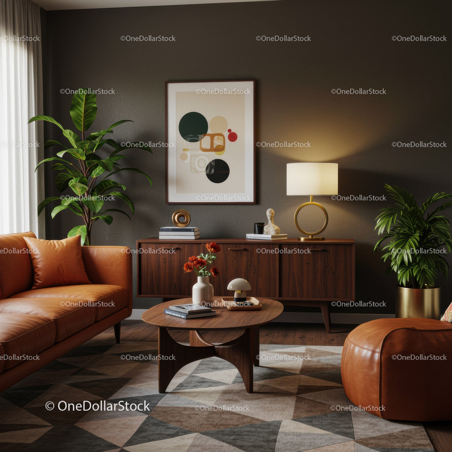 Cozy modern living room with leather furniture and plants