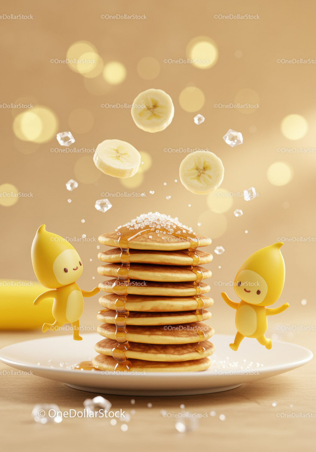 Stack of fluffy pancakes with playful banana characters