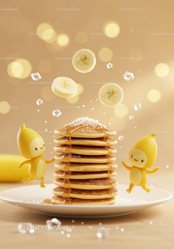 Stack of fluffy pancakes with playful banana characters