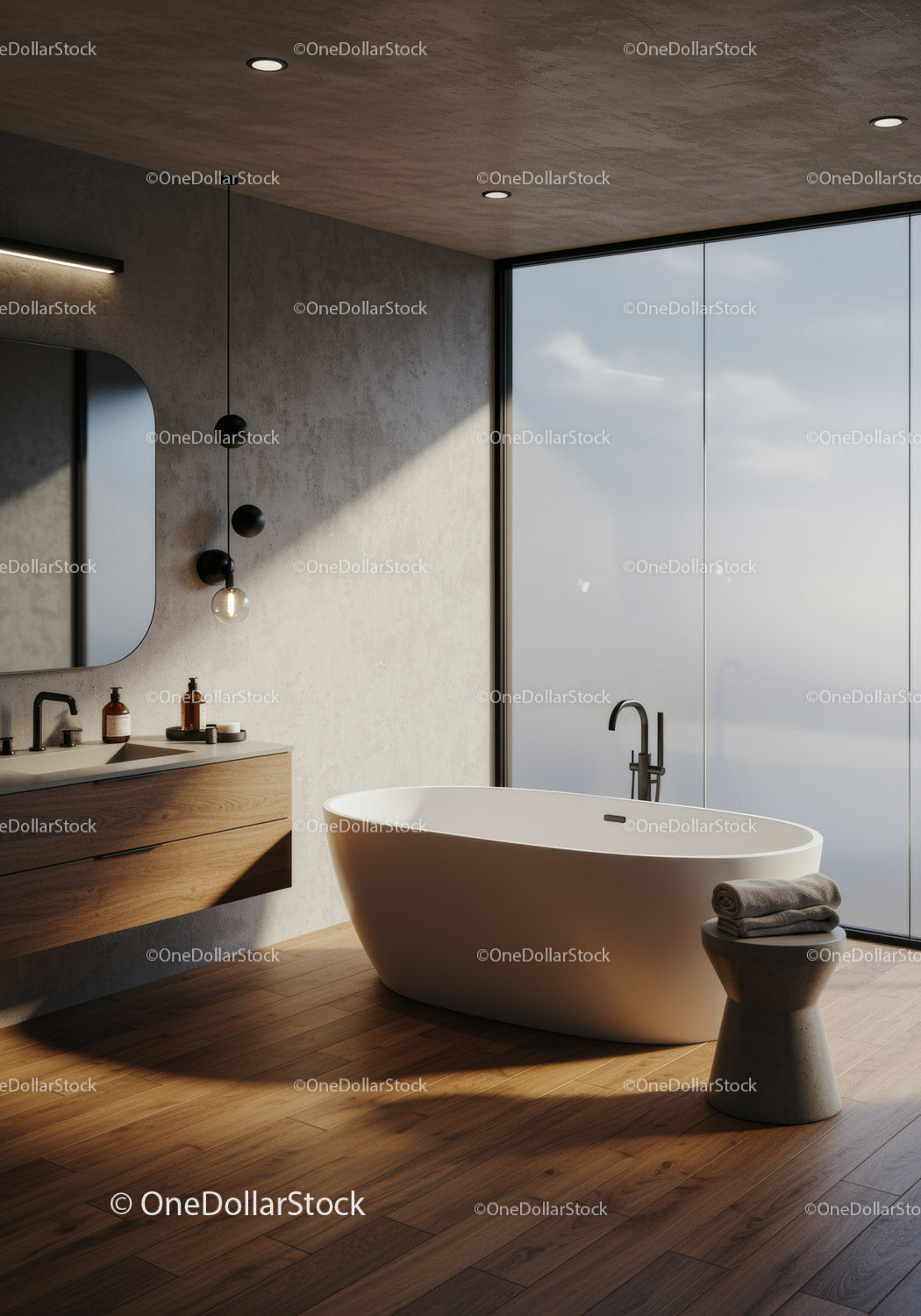 Modern Minimalist Bathroom with Freestanding Bathtub and Large Window