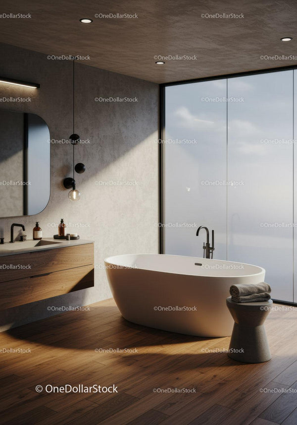 Modern Minimalist Bathroom with Freestanding Bathtub and Large Window