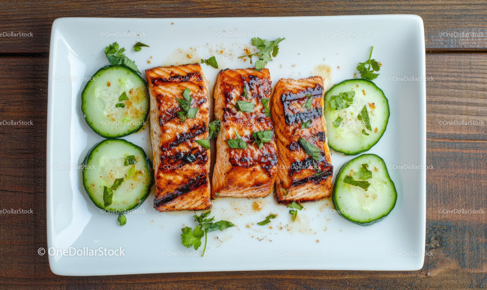 Grilled Salmon with Cucumber Slices and Fresh Herbs on White Plate