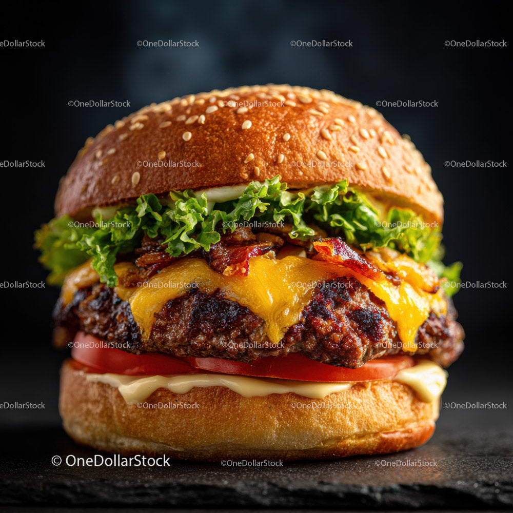 Juicy Gourmet Cheeseburger with Fresh Lettuce and Tomato