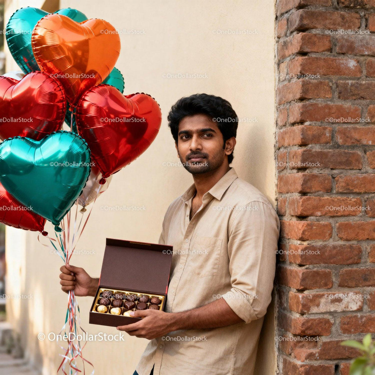 Young man holding heart balloons and chocolate box outdoors