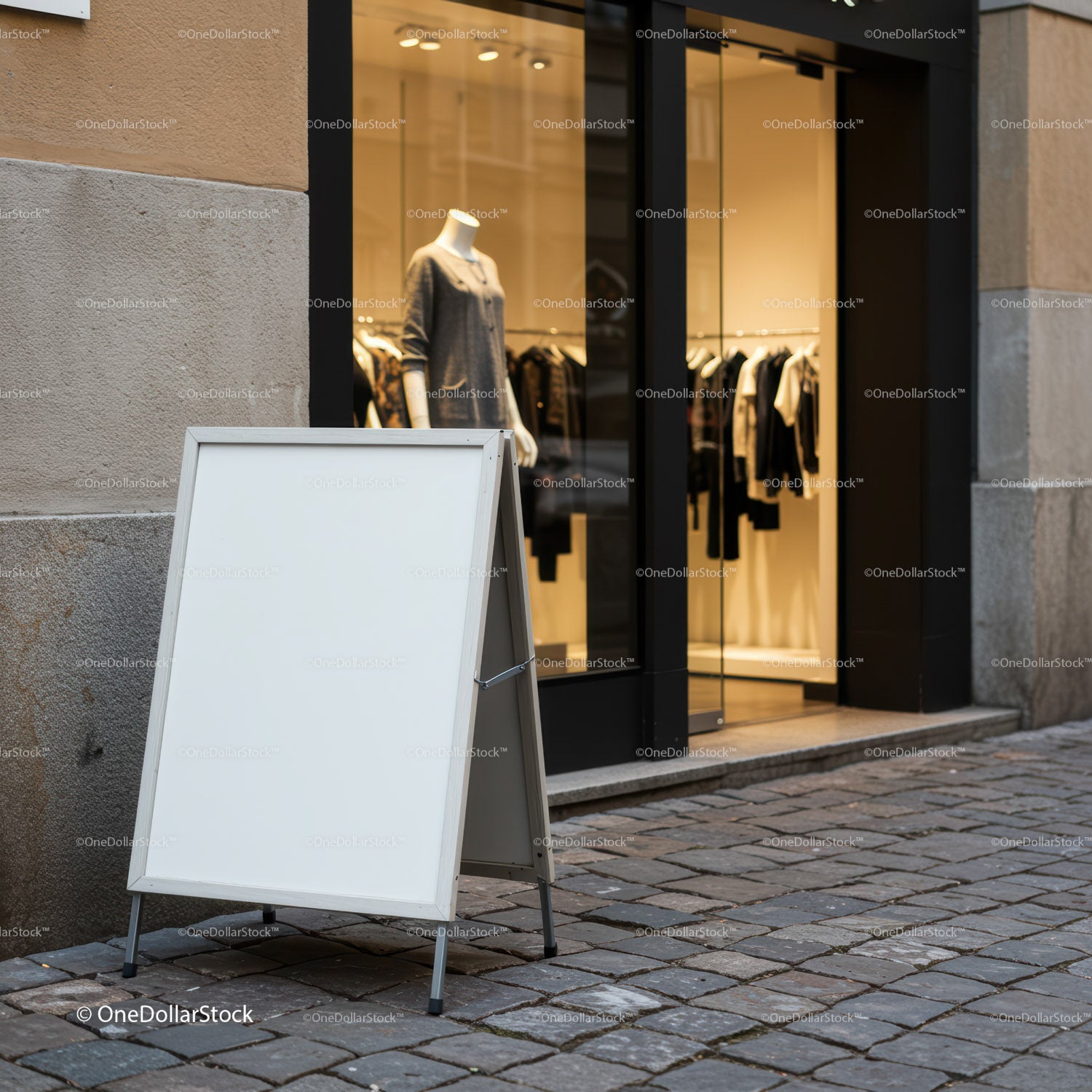 Blank white signboard outside chic clothing boutique