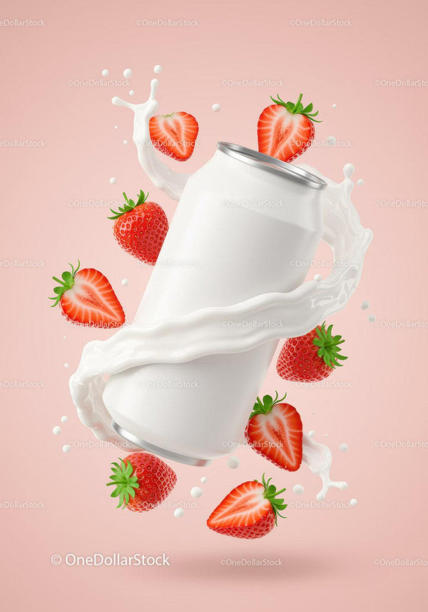 Refreshing strawberry milk splash with blank can JPG Mockup Image