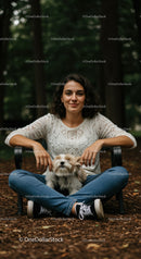 Young woman sitting with small dog in forest park