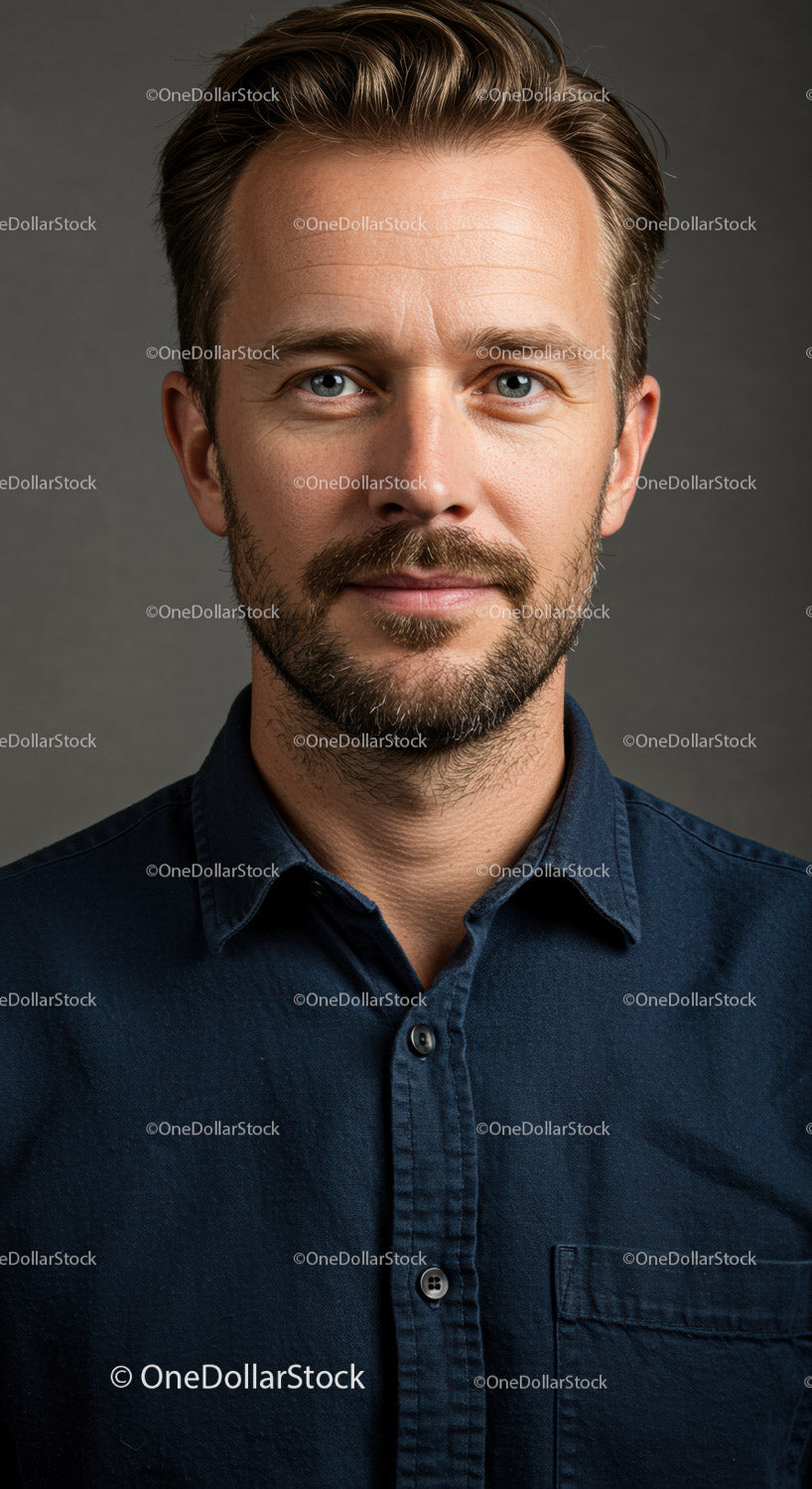 Portret pewnego siebie mężczyzny z modną fryzurą w niebieskiej koszuli