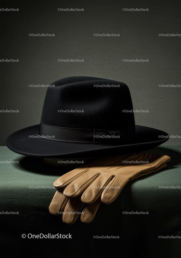 Stylowy czarny kapelusz fedora z beżowymi skórzanymi rękawiczkami dla mężczyzn