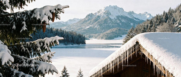 Snow-covered cabin and pine trees by frozen mountain lake