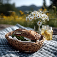 Outdoor Picnic with Fresh Baked Bread and Honey Jars in Sunlight