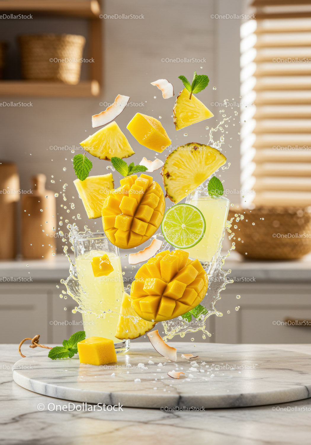 Fresh tropical fruits splashing with juice on marble board