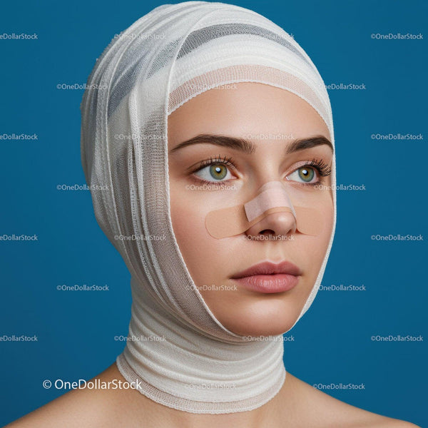 Close-up of Woman with Bandaged Head and Medical Dressings