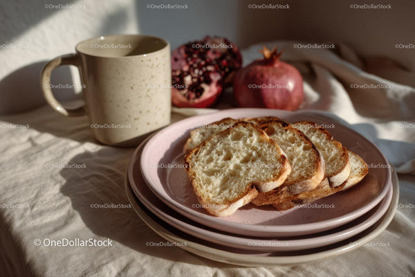 Fresh Sliced Bread with Pomegranate and Mug in Cozy Morning Setting