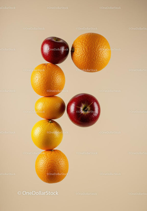 Stacked oranges and apples forming the number one on beige