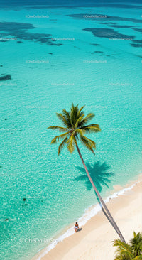 Lonely Traveler on a Tropical Beach Under a Palm Tree